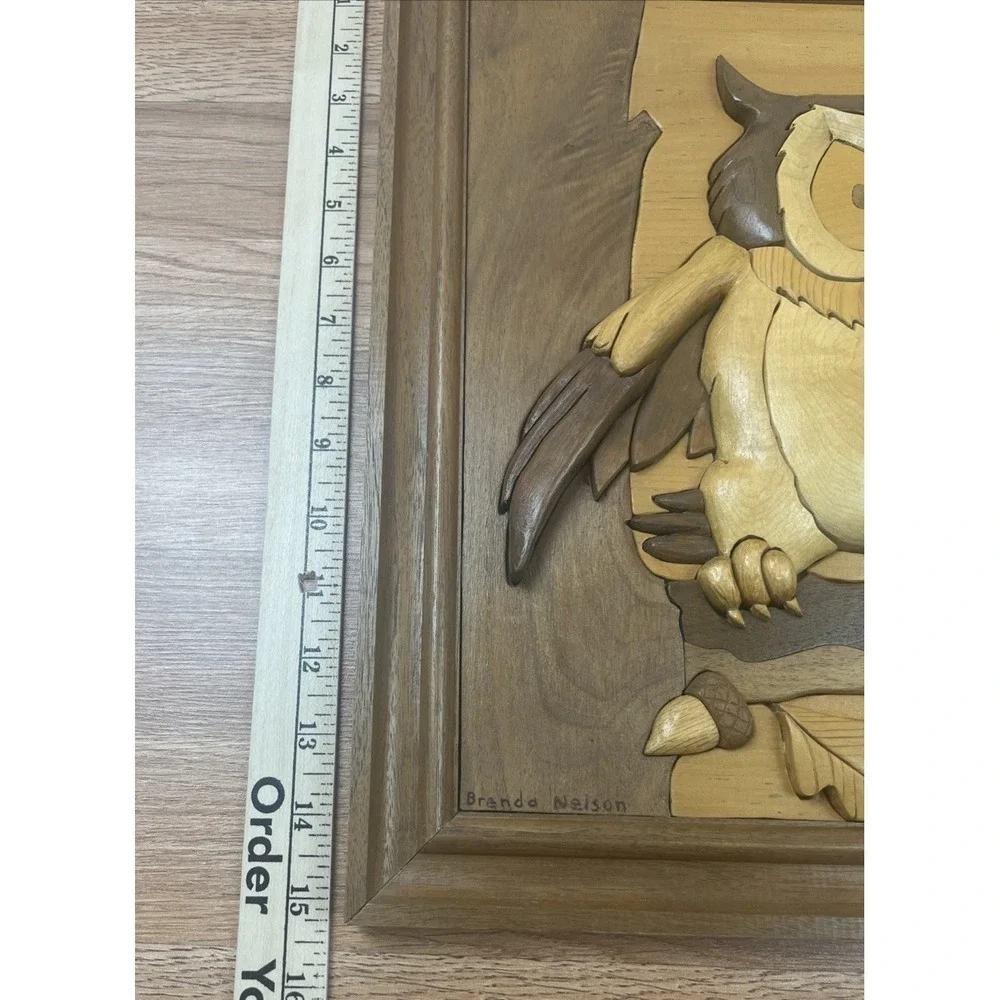Vintage 3D Intarsia Wood Inlay‎ Owl Framed Wall Hanging Art 15